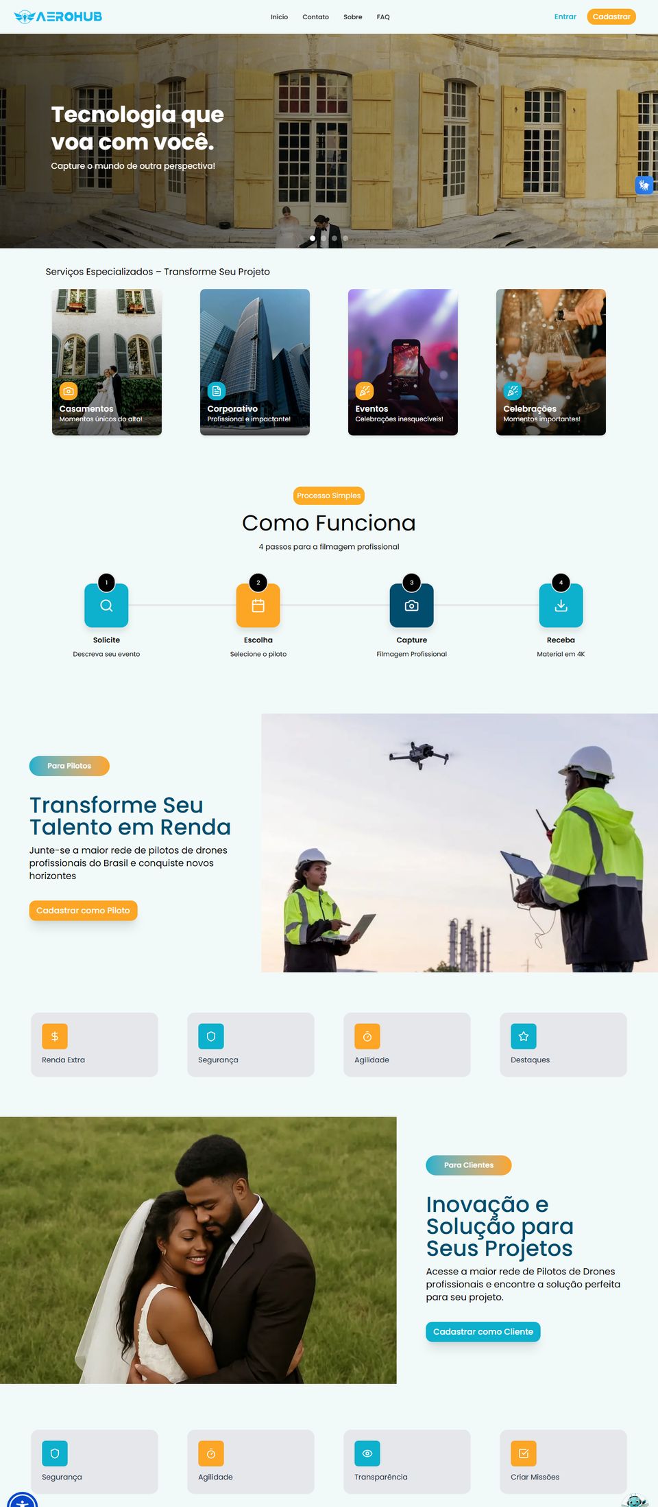 Site do AeroHub: hero com filmagem aérea, serviços, como funciona e áreas para pilotos e clientes