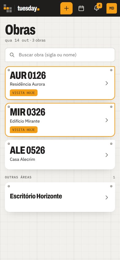Tuesday no celular: lista de obras (dados fictícios)